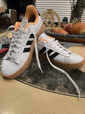 Adidas White Leather Sneakers with Black Stripes & Gum Sole